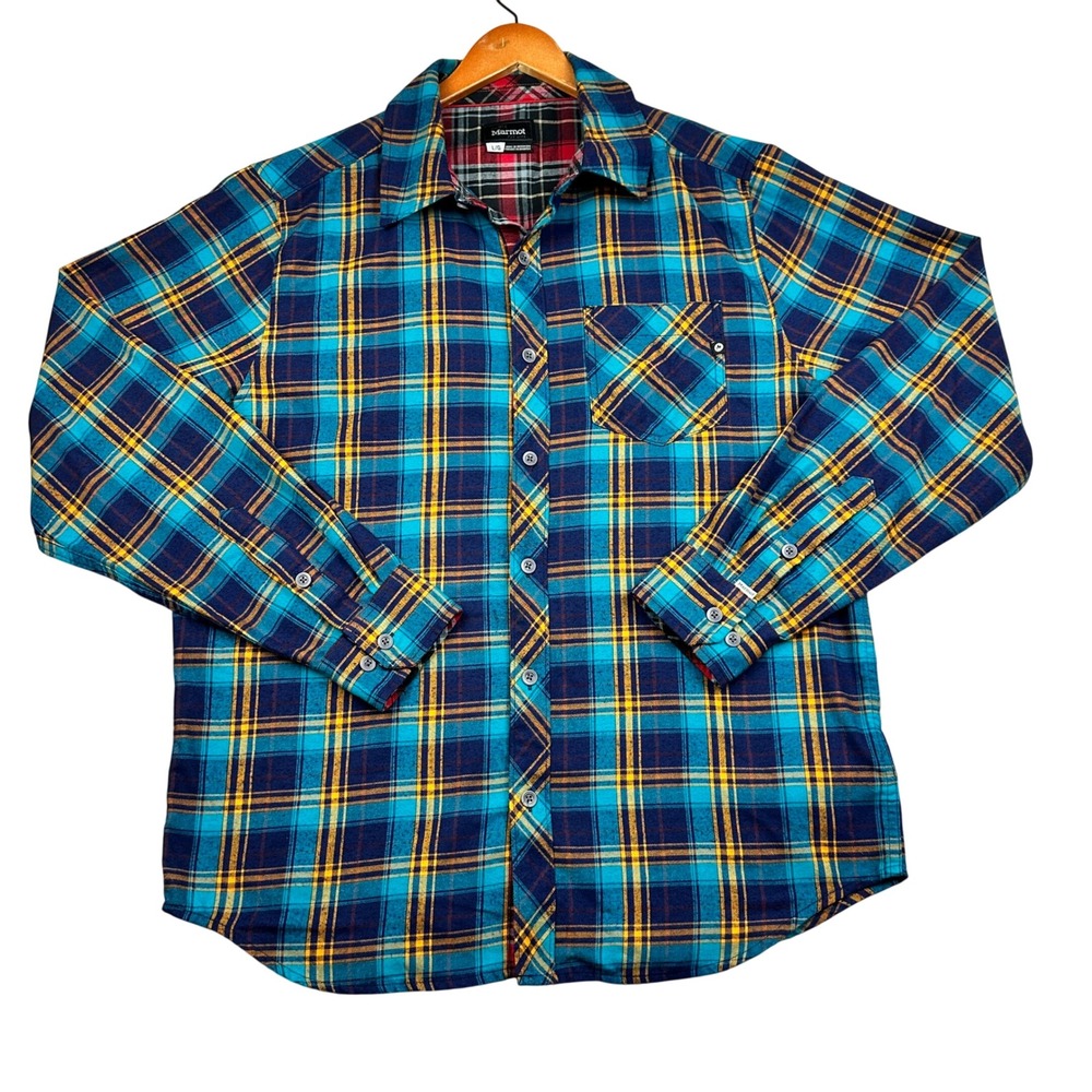 Marmot Flannel Button Down Shirt Mens Large Blue Yellow Plaid Cotton Blend